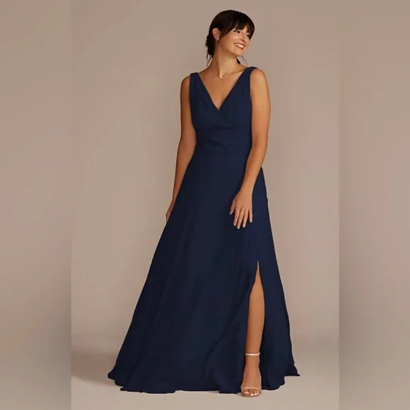 wedding royal blue dress A-line High Neck Floor-Length Lace Chiffon Bridesmaid Dress With Ruffl –  Bridal Glee main image 0